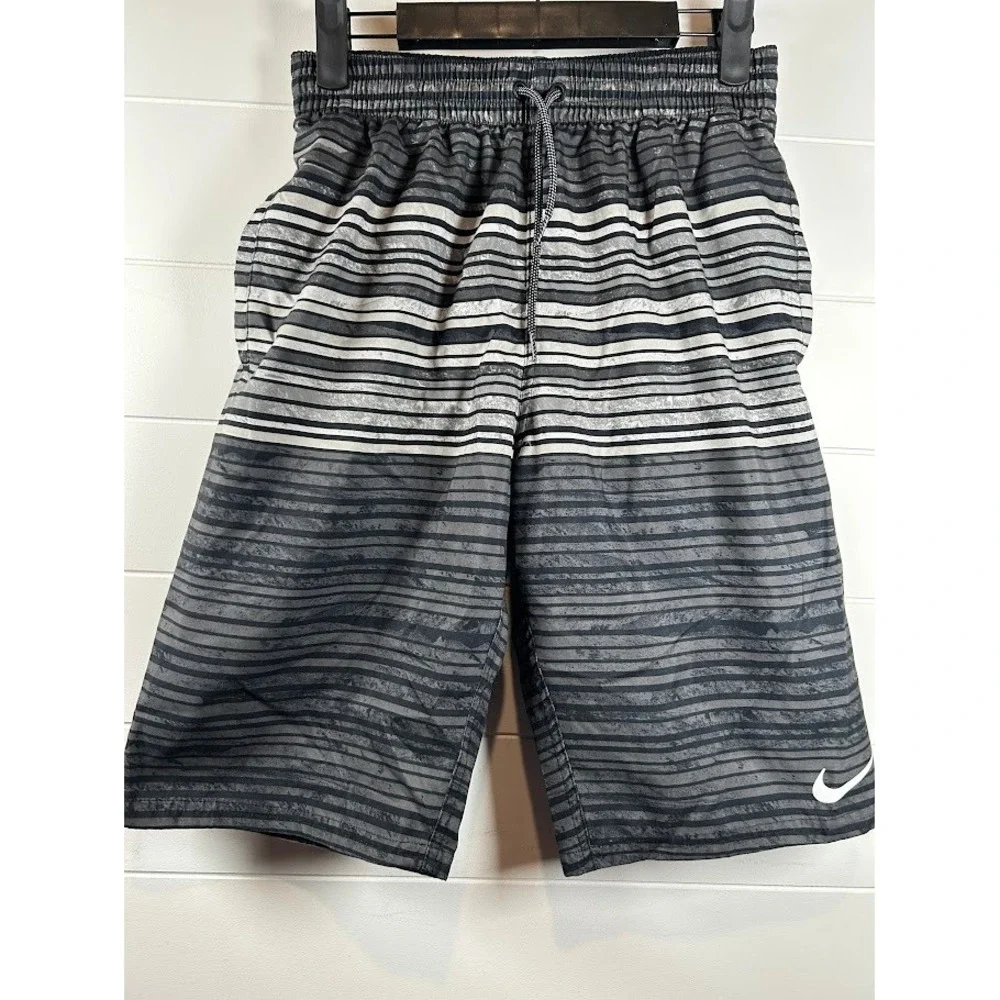 Nike Mens Swim Trunks Small Grey Black Striped Mesh Liner Board Shorts Beachwear